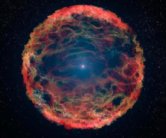 Colorful expanding supernova remnant surrounding a central star